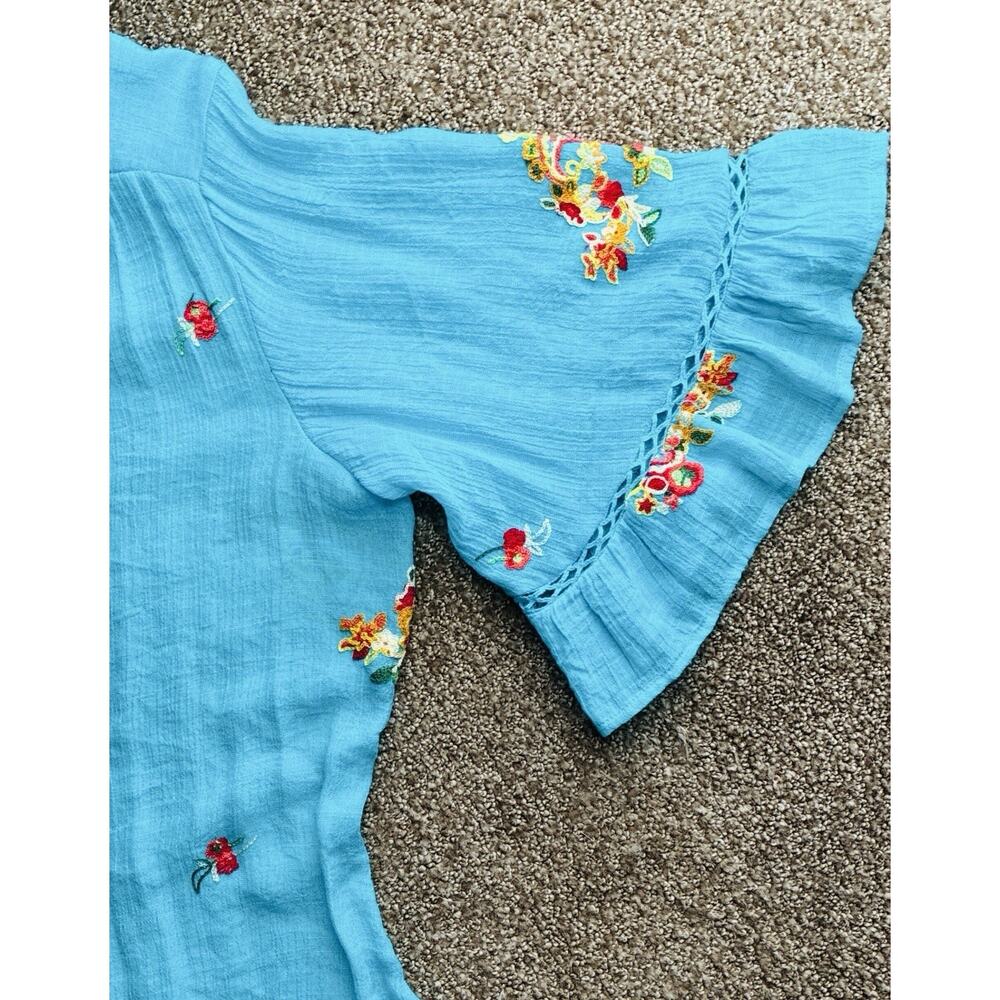 Figueroa & Flower XL Turquoise Embroidered Paisley Gauze Boho Btn Frnt Bell Slv - Picture 5 of 8